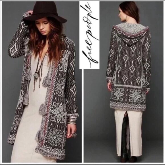 FREE PEOPLE Women Kai Tapestry Cardigan Tassel Tie Front Sz L Taupe Boho 46-14 - Picture 2 of 16